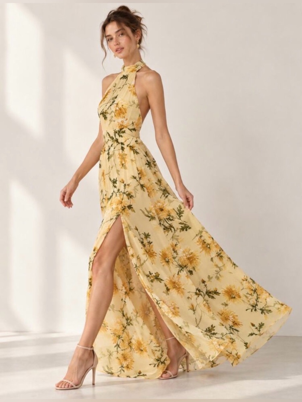 NWT Reformation Andee Honeyglow Floral Halter Maxi Dress Yellow Size 8